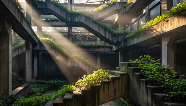 Serene, abandoned brutalist architecture interior with concrete staircase. Overgrown plant life creates beautiful indoor garden with dramatic light streaming through - Powered by Adobe