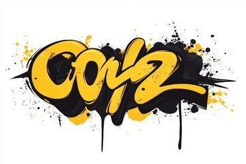 Dynamic graffiti text design featuring bold yellow and black splashes on white. Energetic and rebellious vibe symbolizes urban art expression. Neural network AI generated
