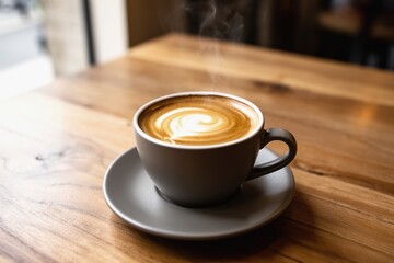 Steaming latte in gray ceramic cup on wooden table with soft natural light