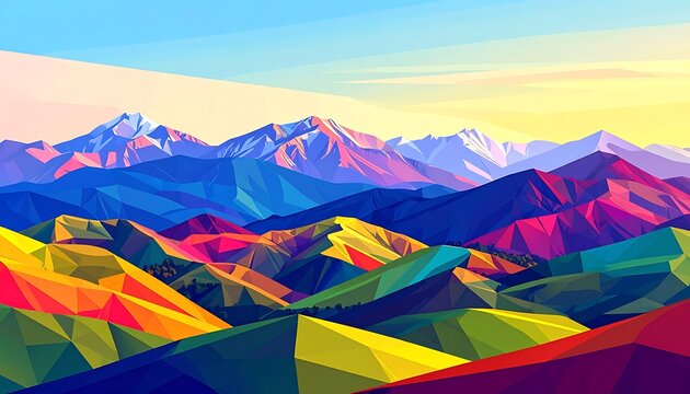 Colorful, polygonal mountain range against a yellow & blue sky, low poly, vibrant hues