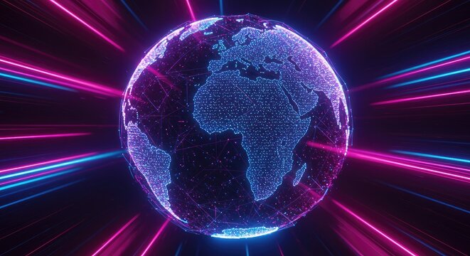 Neon Global Network: Futuristic Earth Illuminated by Vibrant Pink and Blue Light Streaks - Powered by Adobe