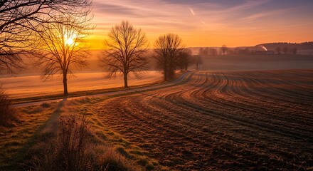 Fototapeta premium Tranquil sunrise over field with trees silhouetted against the sky