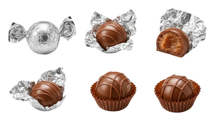 Fototapeta premium Chocolate truffles and caramel-filled bonbons shown unwrapped in foil and paper cups