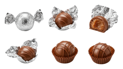Chocolate truffles and caramel-filled bonbons shown unwrapped in foil and paper cups