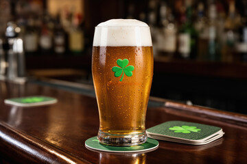 Saint Patricks Day beer pint on bar counter with green shamrock coaster