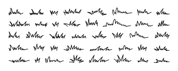 Obraz premium Grass line doodle. Outline grassland or meadow sketch, simple field design. Black grass brush stroke hand drawn texture for garden pattern or lawn. Herb marker vector isolated element