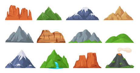 Cartoon mountain and hill with snow range. Flat peak for logo and nature landscape. Snowy cliff and rocky element for travel sport and adventure concept. Tourism and hiking isolated vector set