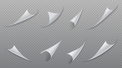 Curled paper corner. Curls page effect with realistic shadow or peel book page. 3d template white sheet edge for label or sticker, banner. Creative frame, minimalist border isolated vector set