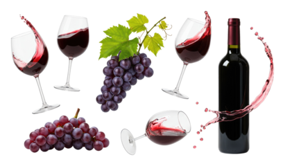 Dark red wine bottle with poured splashes, wine glasses, and ripe purple grape clusters with vine leaves on a transparent background