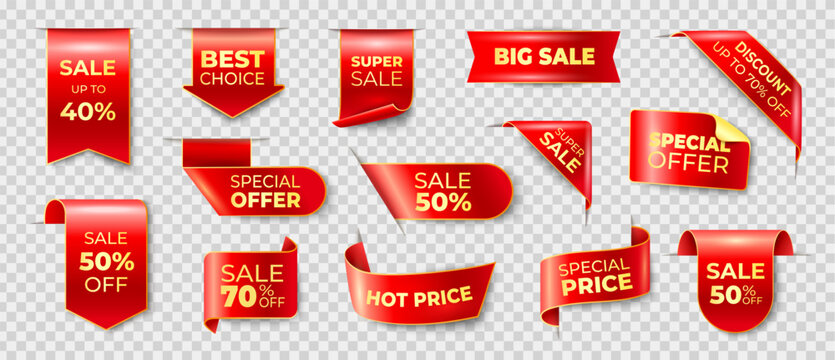 Red ribbon, price tag label. Sale banner with gold luxury discount offer. Premium template of vintage scroll, product promotion stickers, special award. Advertising badge isolated 3d set