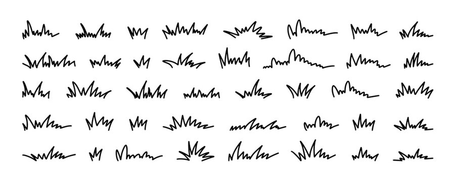 Grass line doodle. Outline grassland or meadow sketch, simple field design. Black grass brush stroke hand drawn texture for garden pattern or lawn. Herb marker vector isolated element