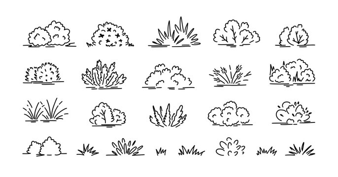 Grass and bush outline tree doodle for lawn vector cute landscape with hand drawn plant and minimal silhouette. Greenery line art for jungle, park and garden. Cartoon sketch and scribble vector set