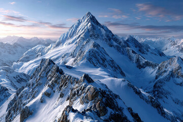 Snowy mountain peak under a twilight sky