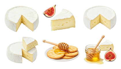 Round brie and camembert cheese wheels and wedges with figs, round crackers and a jar of honey with dipper on a transparent background
