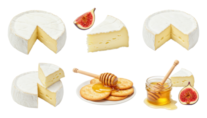 Round brie and camembert cheese wheels and wedges with figs, round crackers and a jar of honey with dipper on a transparent background