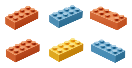 Six colorful plastic interlocking toy bricks in orange, blue and yellow arranged on a transparent background