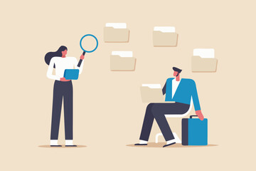 Searching and organizing files with team members data analysis concept illustrated
