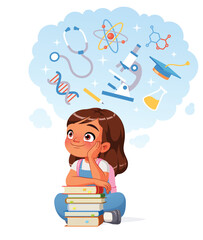 Cute Indian schoolgirl dreams of a career in science as she sits with a stack of books. Cartoon vector illustration.