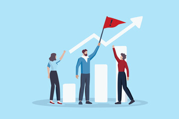 Team celebrating success with a rising graph and a red flag symbol