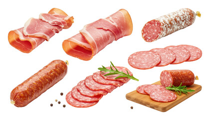 Assorted sliced and whole cured meats including prosciutto, salami and sausages arranged with rosemary and peppercorns on a transparent background