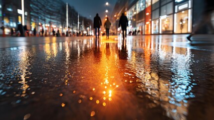 Black Friday street reflection at night Urban scene reflecting colorful lights on wet pavement with silhouetted figures walking.