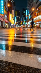 Black Friday street reflection at night Vibrant city street at night with reflections and illuminated signs.