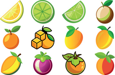 WebSet of Bright, Fun, and Vibrant Cartoon Fruit Icons: Vector Illustrations of Apple, Raspberry, Banana, Cherry, Carambola, Strawberry, and Exotic Tropical Berries and Produce