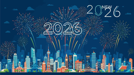 A vibrant cityscape illuminated by a dazzling fireworks display celebrating the arrival of the year 2026.