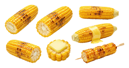 Golden grilled corn on the cob and slices with melted butter, charred kernels and a skewered piece, isolated on transparent background
