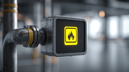 Industrial warning sign on pipe