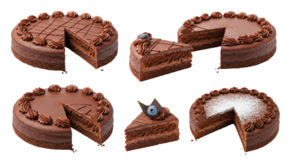 Various round chocolate layer cakes and individual slices with ganache, piped rosettes, chocolate shards and a blueberry, one dusted with powdered sugar on a transparent background