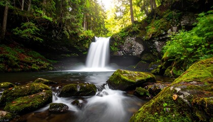 Lush Forest Waterfall with Mossy Rocks and Sunlight.
