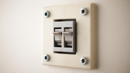 Macro view of a tripped circuit breaker module mounted on a beige electrical panel