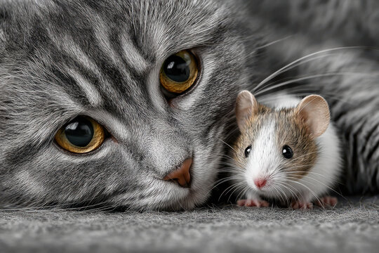 Cute cat and mouse share a cozy moment, showcasing friendship between two unlikely animals