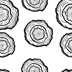Seamless pattern of hand-drawn tree rings with bold contour lines, organic circular wood textures, monochrome illustration style
