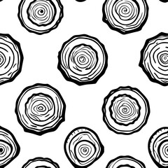 Seamless pattern of hand-drawn tree rings with bold contour lines, organic circular wood textures, monochrome illustration style