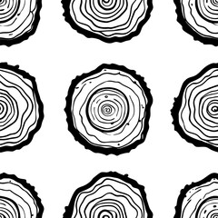 Seamless pattern of hand-drawn tree rings with bold contour lines, organic circular wood textures, monochrome illustration style