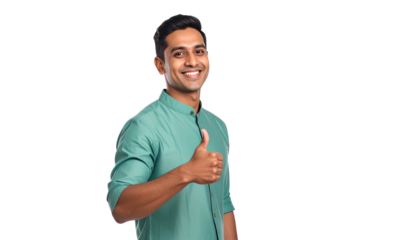 Smiling man giving thumbs up gesture isolated on transparent background