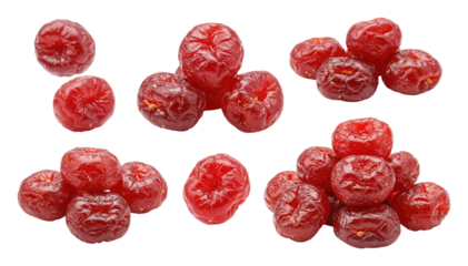 Shiny red glacé candied cherries grouped on a transparent background for baking, decorating and cocktail garnishes