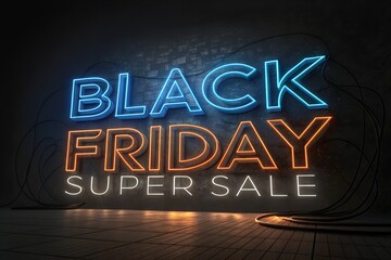 Blue and Orange Neon 'BLACK FRIDAY SUPER SALE' Sign on Dark Industrial Floor