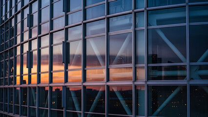 Modern glass facade building reflecting a vibrant sunset with orange and purple hues creating a captivating architectural detail