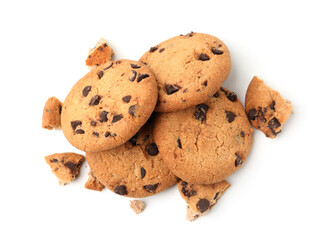Delicious chocolate chip cookies isolated on white, top view