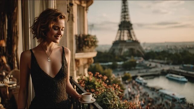 Cinematic luxury lifestyle woman portrait on Paris balcony holding coffee cup with Eiffel Tower view for romantic travel promos