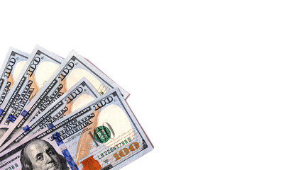 A fan of crisp new US $100 bills displayed in a clean, isolated layout, perfect for finance or wealth concepts ideal for visuals related to saving, earning, or investing large amounts of money.