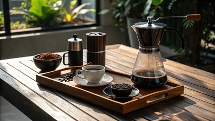 Coffee brewing set with grinder, beans, and cup on wooden tray in sunlight, ideal for brewing tutorials, home cafe blogs, eco-friendly lifestyle content, product visuals