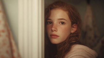 Close-up portrait of a young woman with long red hair. she is looking directly at the camera with a serious expression on her face. her hair is styled in loose curls and falls over her shoulders.