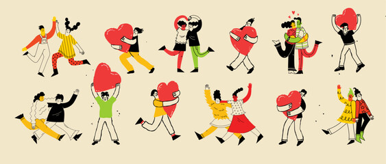 A vibrant illustration of a happy, loving couples embracing. This modern art captures the joy of human connection, perfect for Valentine's Day cards and posters