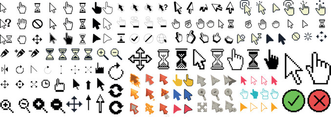 Retro Pixel Cursor Icons Set &mdash; Arrow and Hand Click Symbols in 8-Bit Vector Style