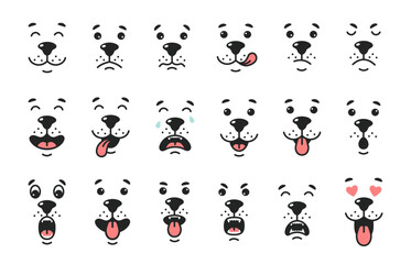 Obraz premium Dog face emotions. Cute puppy snout expression emoji, funny pet portrait. Happy, sad and angry, surprised and crying, loving animal kawaii mascot. Vector isolated set