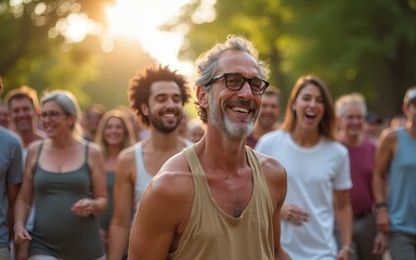 Crowd of happy multiracial people having fun together at city park - Multi generational friends, social gathering and community concept. High quality